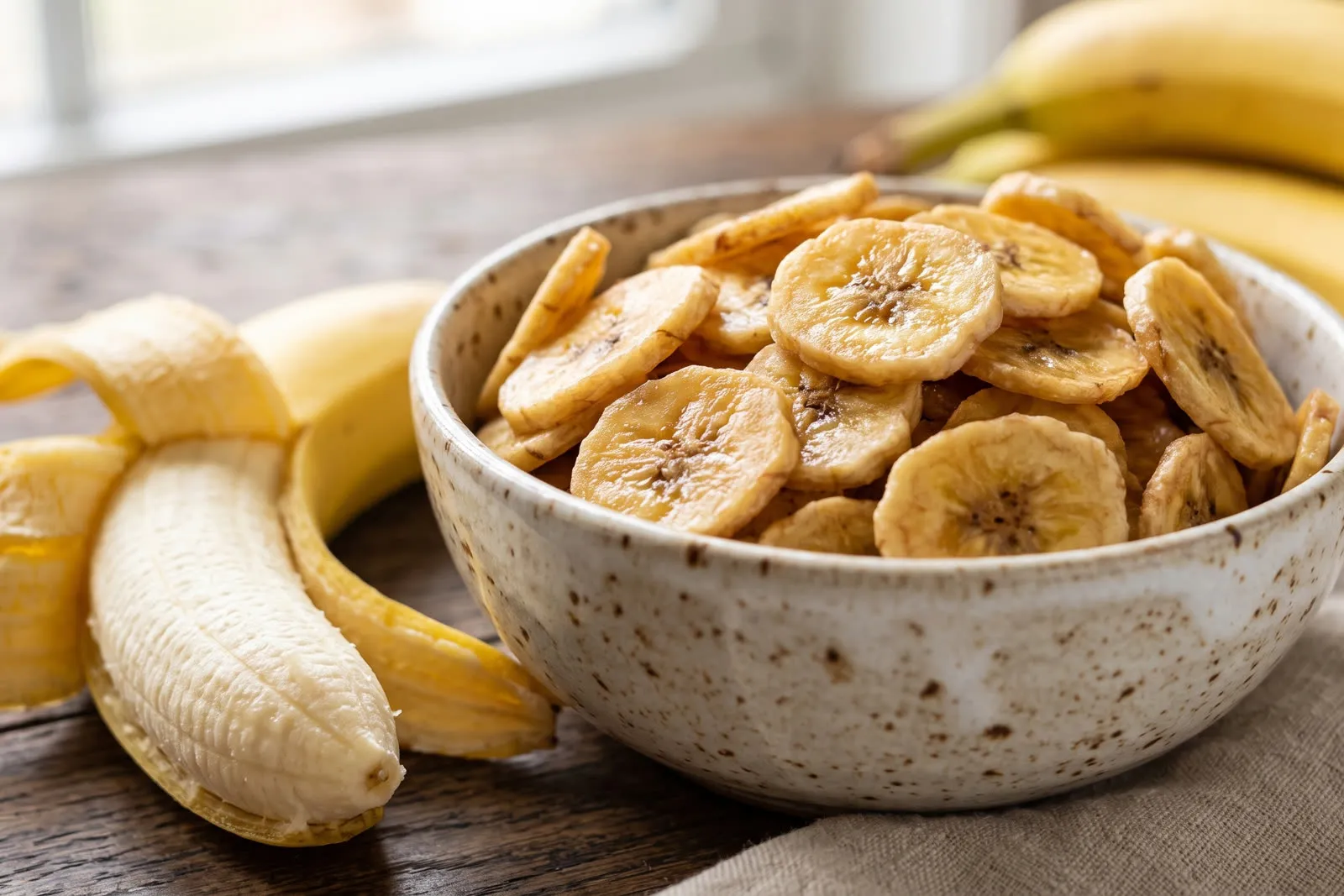 Chips de banana deshidratada en un bol de cerámica, junto a una banana fresca pelada
