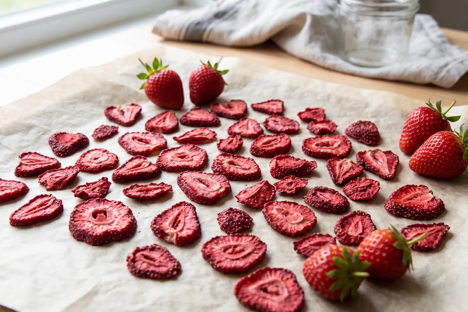 Rodajas de frutilla deshidratada sobre papel manteca, junto a frutillas frescas