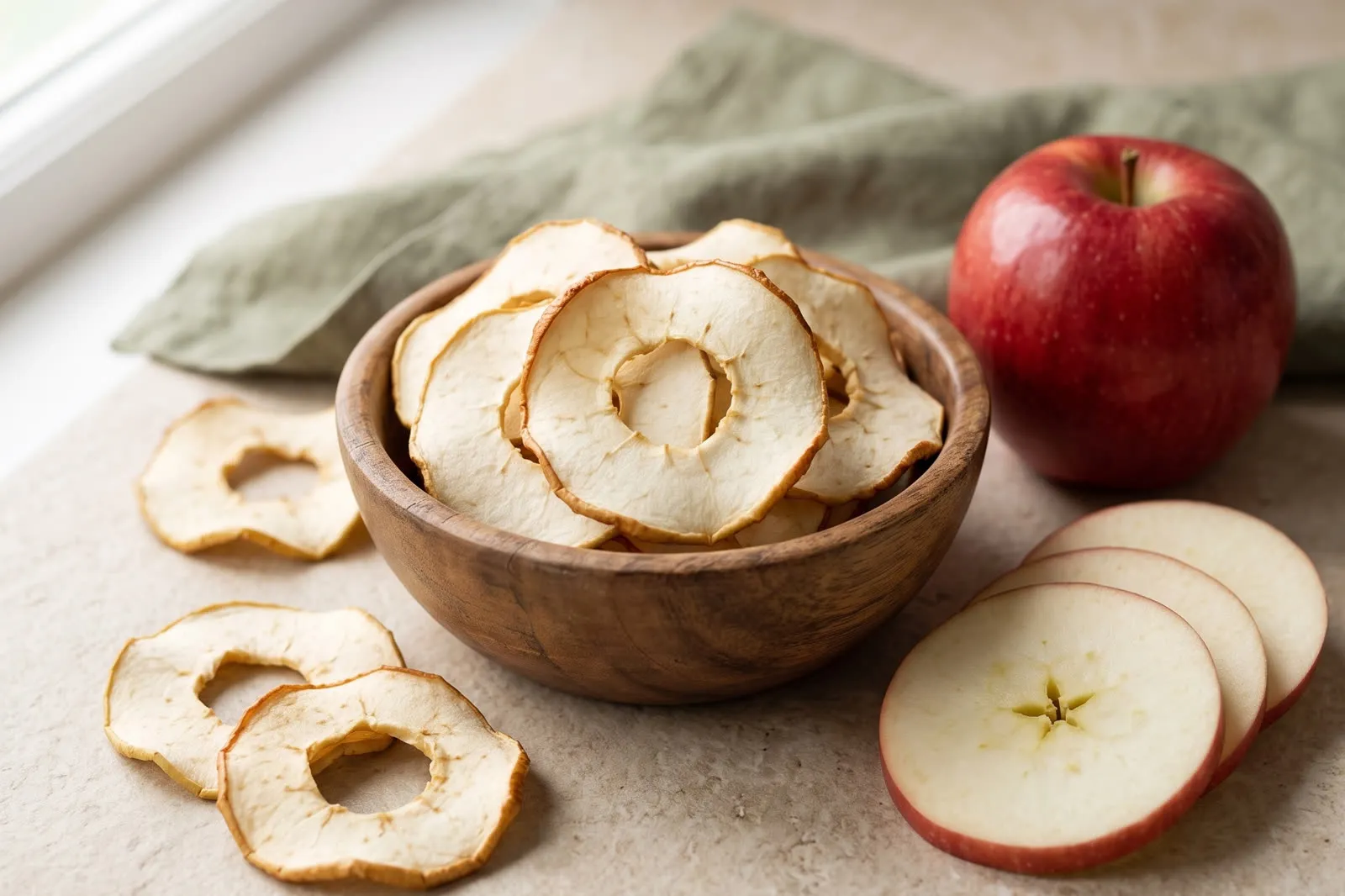Rodajas de manzana deshidratada en un bol de madera, junto a una manzana fresca y rodajas recién cortadas