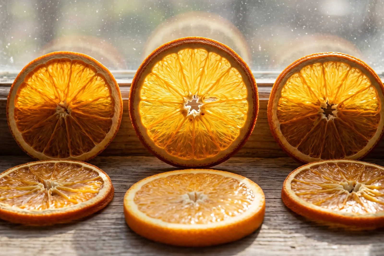 Rodajas de naranja deshidratada a contraluz en el marco de una ventana