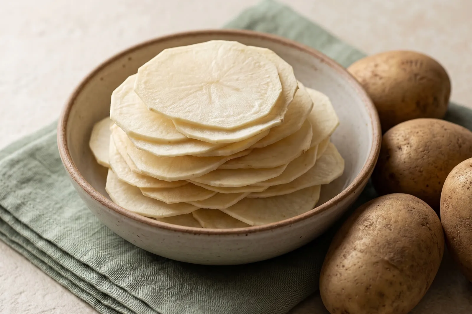 Rodajas de papa deshidratada apiladas en un bol de cerámica, junto a papas frescas