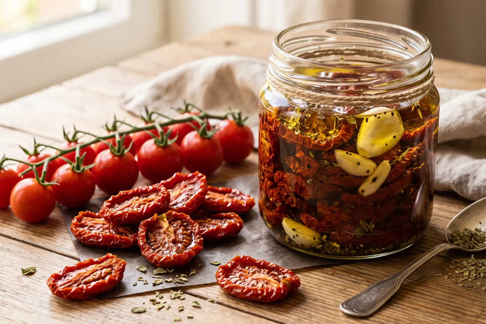 Tomates secos sobre papel y conservados en aceite de oliva con ajo y orégano, junto a tomates cherry frescos